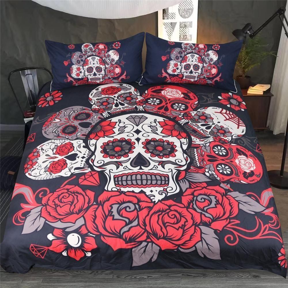 Romantic Red Rose Skull Calavera Duvet Cover Bedding Set