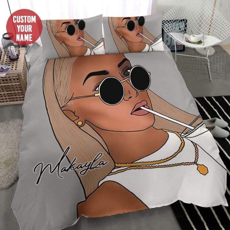 Personalized Black Girl Sunglasses Drinking Unicorn Custom Name Duvet Cover Bedding Set