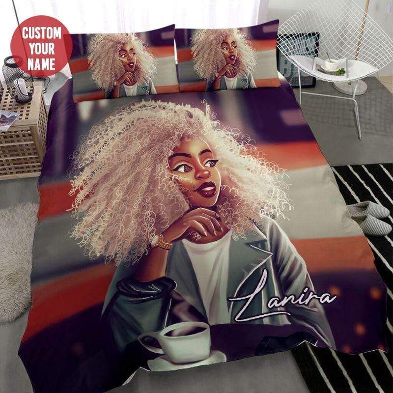 Personalized Black Coffee Girl Custom Name Duvet Cover Bedding Set