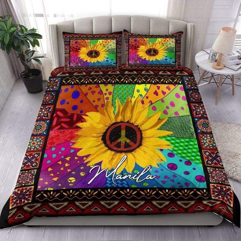 Personalized Sunflower Peace Love Custom Name Duvet Cover Bedding Set