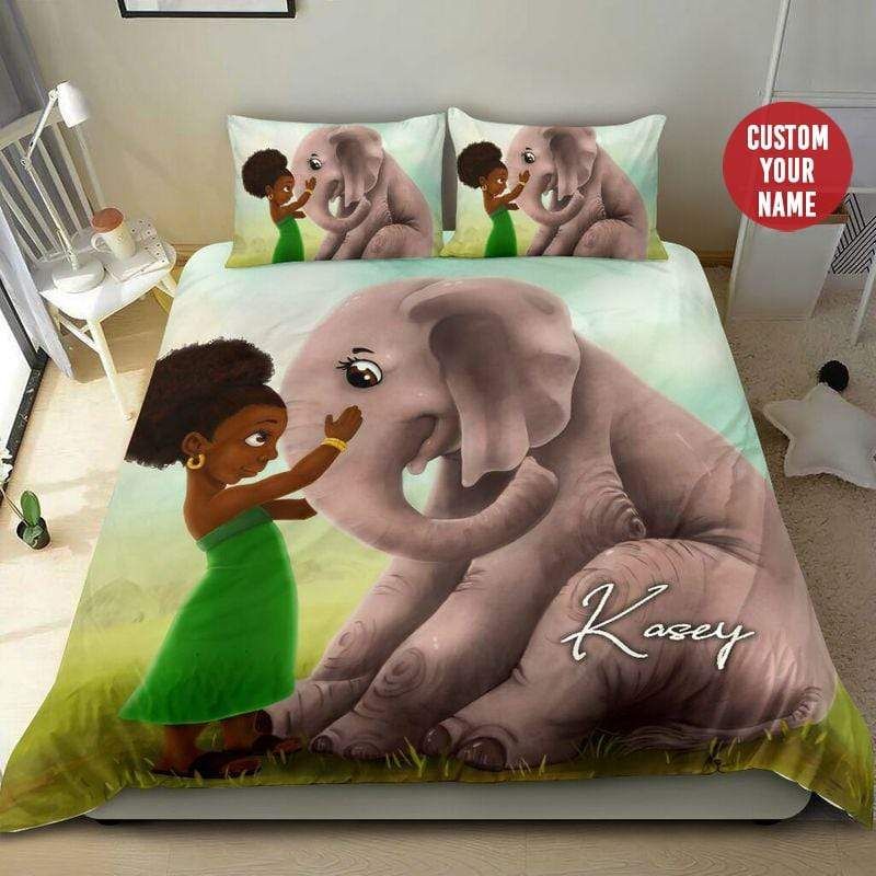 Personalized African American Black Baby Girl And Elephant Custom Name Duvet Cover Bedding Set