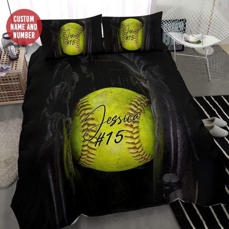 Personalized Vintage Softball In Glove Custom Name & Number Duvet Cover Bedding Set