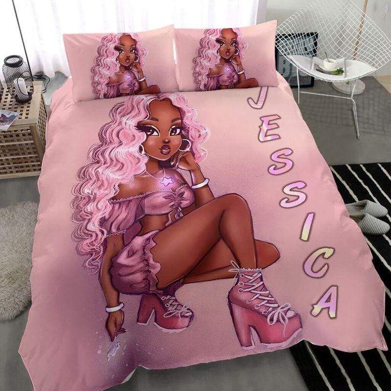 Personalized Black Girl All Pink Custom Name Duvet Cover Bedding Set