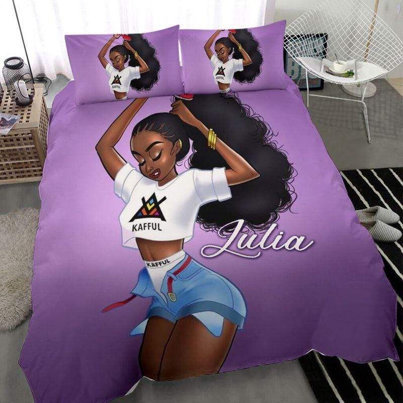 Personalized Black Girl Cute Purple Background Custom Name Duvet Cover Bedding Set