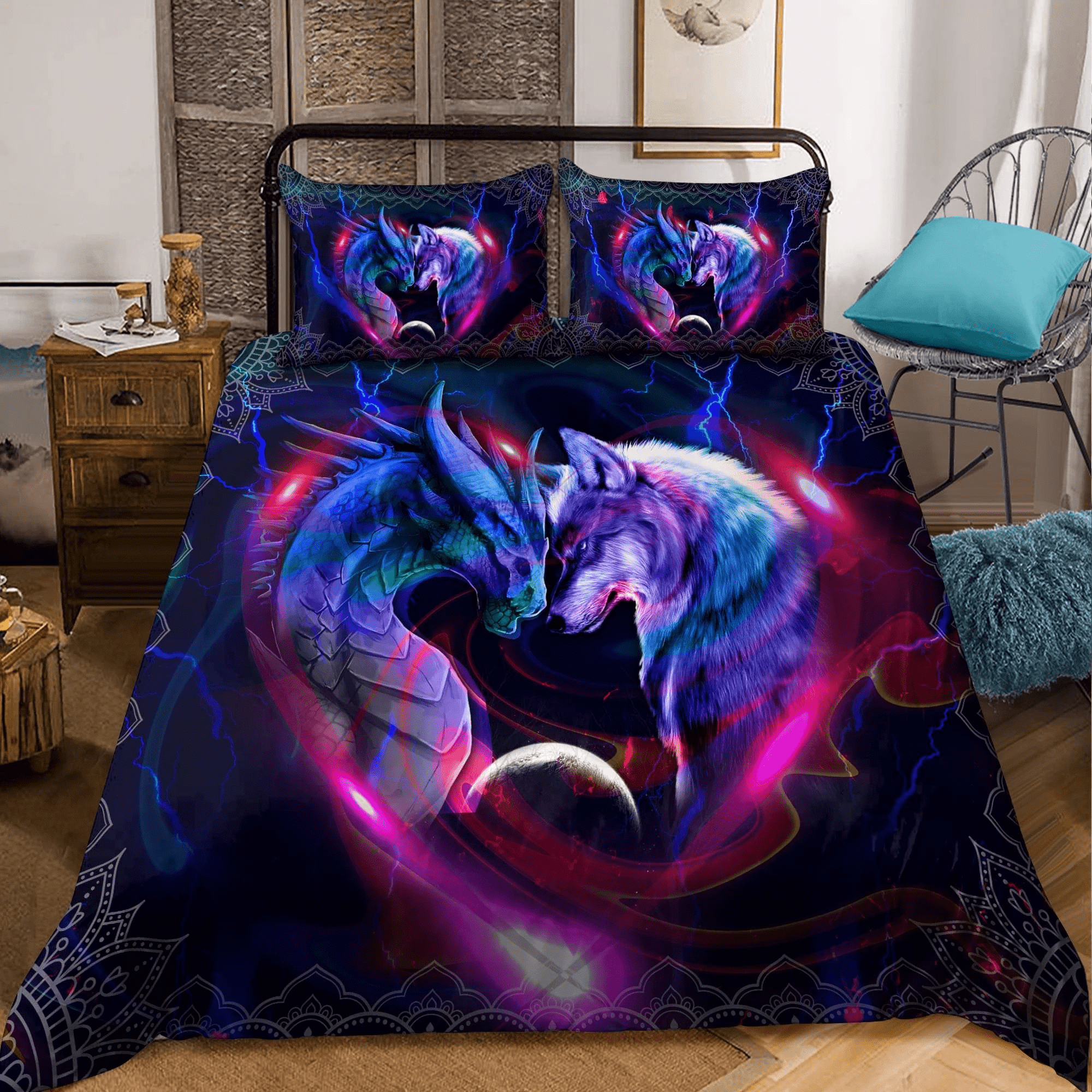 Dragon & Wolf Galaxy Duvet Cover Bedding Set