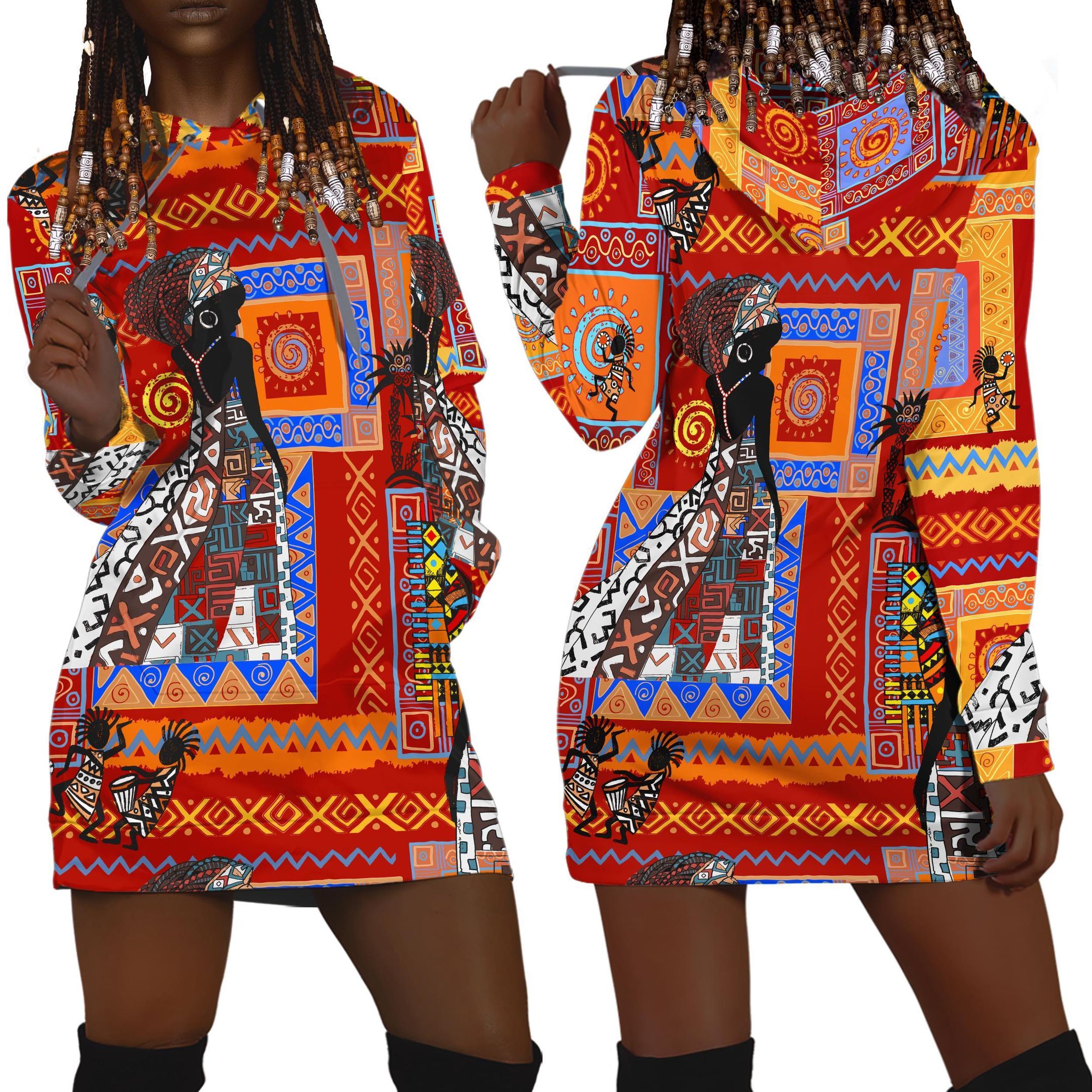African Girl Pattern Hoodie Dress-ML