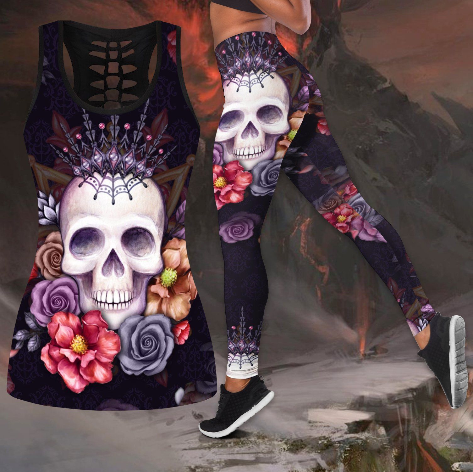 Flower love sugar skull tanktop & legging camo hunting outfit for women QB06172004