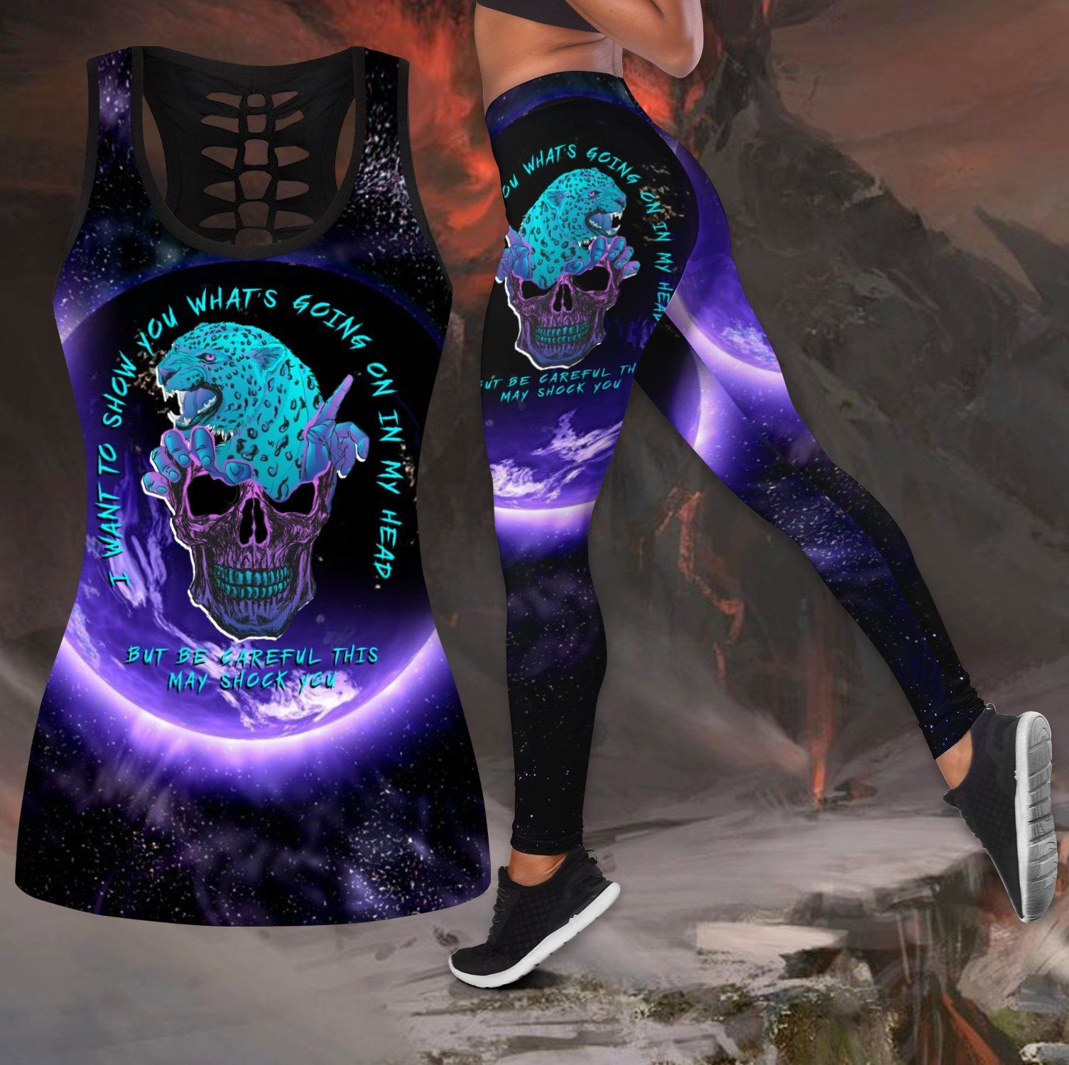Blue Jaguar Love Skull and Tattoos tanktop & legging outfit for women