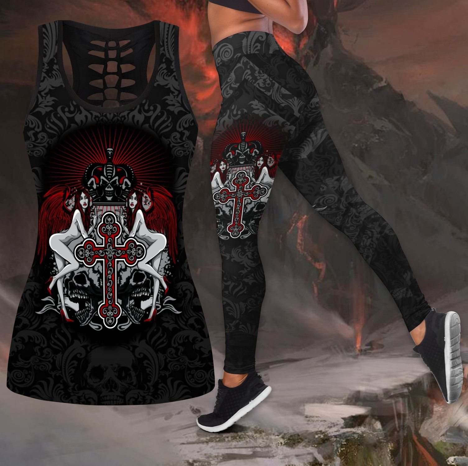 Gothic sign with skull tattoos legging + hollow tank combo outfit HHT14082002