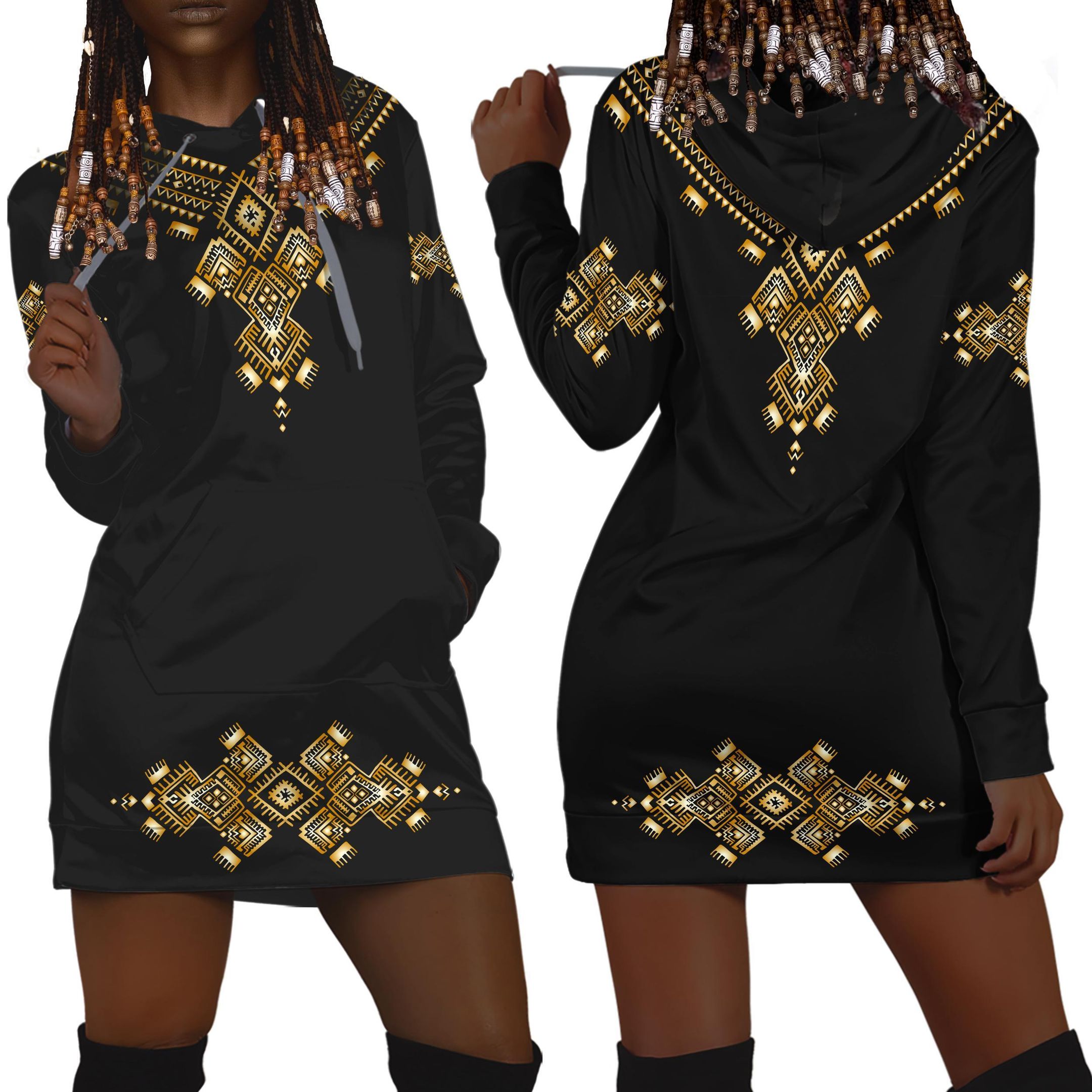 African Golden Pattern Hoodie Dress-ML