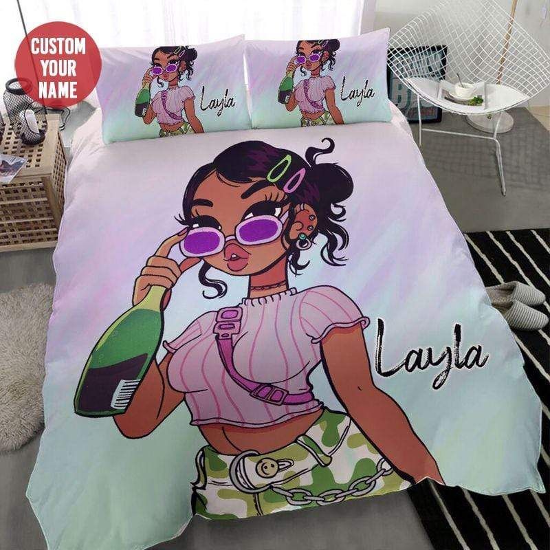 Personalized So Cool Black Girl Hold The Bottle Custom Name Duvet Cover Bedding Set