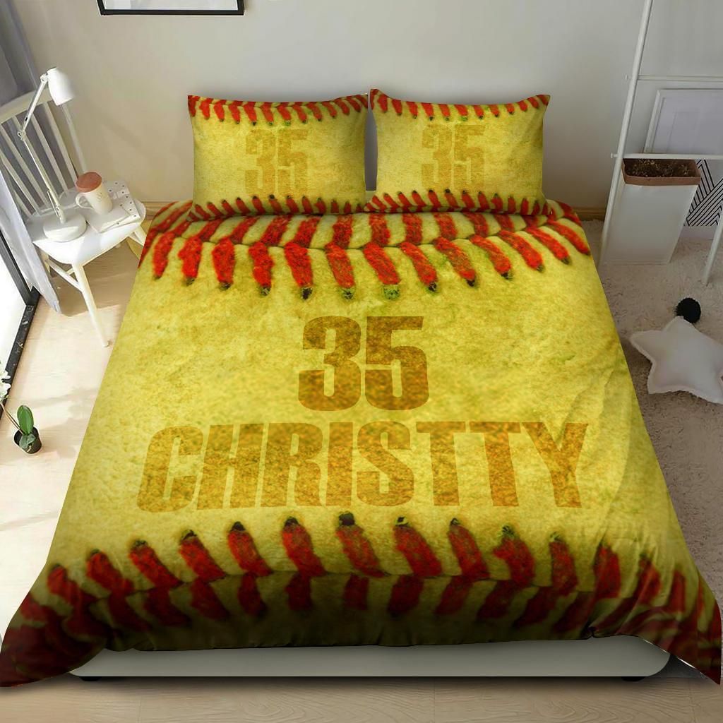 Personalized Leather Softball Custom Duvet Cover Bedding Set With Your Name