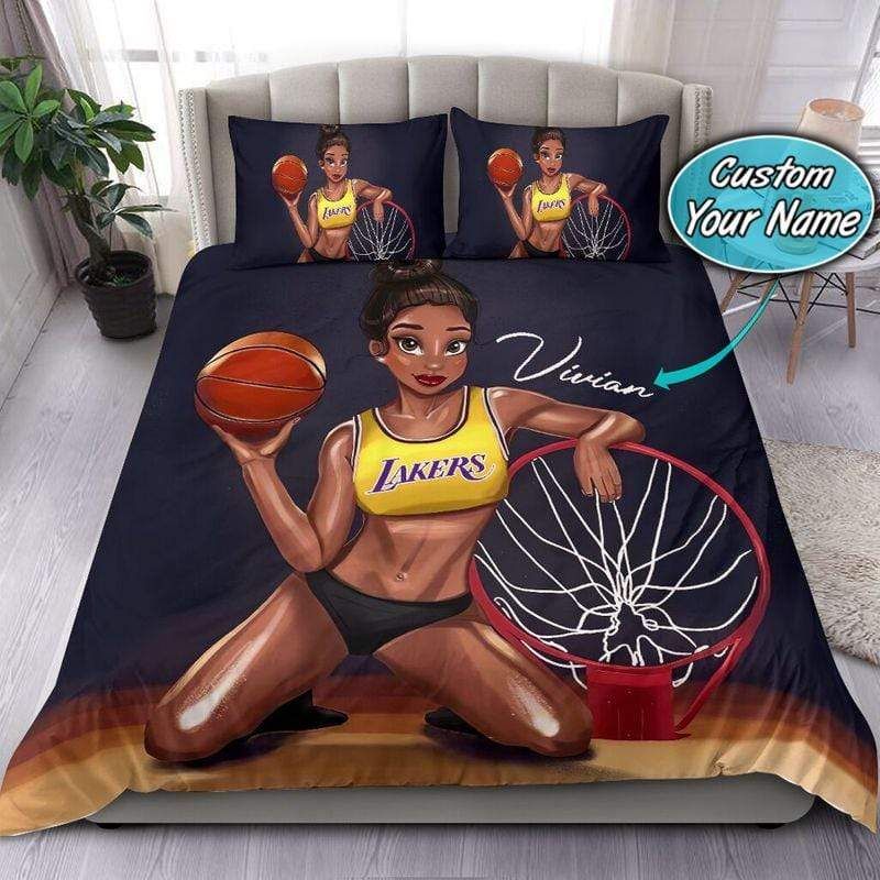 Personalized Basketball Laker Black Girl Duvet Cover Bedding Set With Name