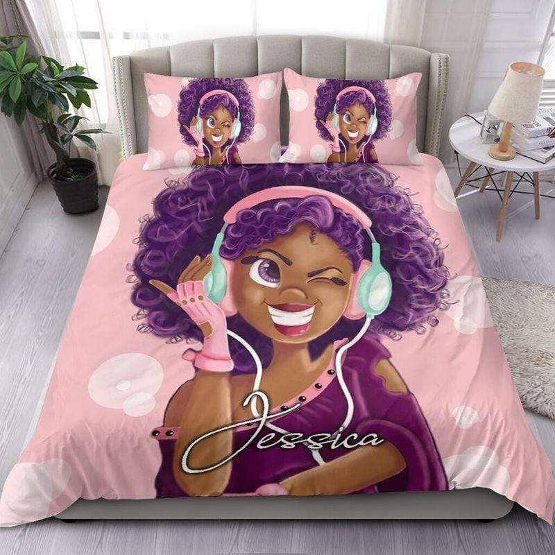Personalized Black Girl Cute Purple Music Custom Name Duvet Cover Bedding Set