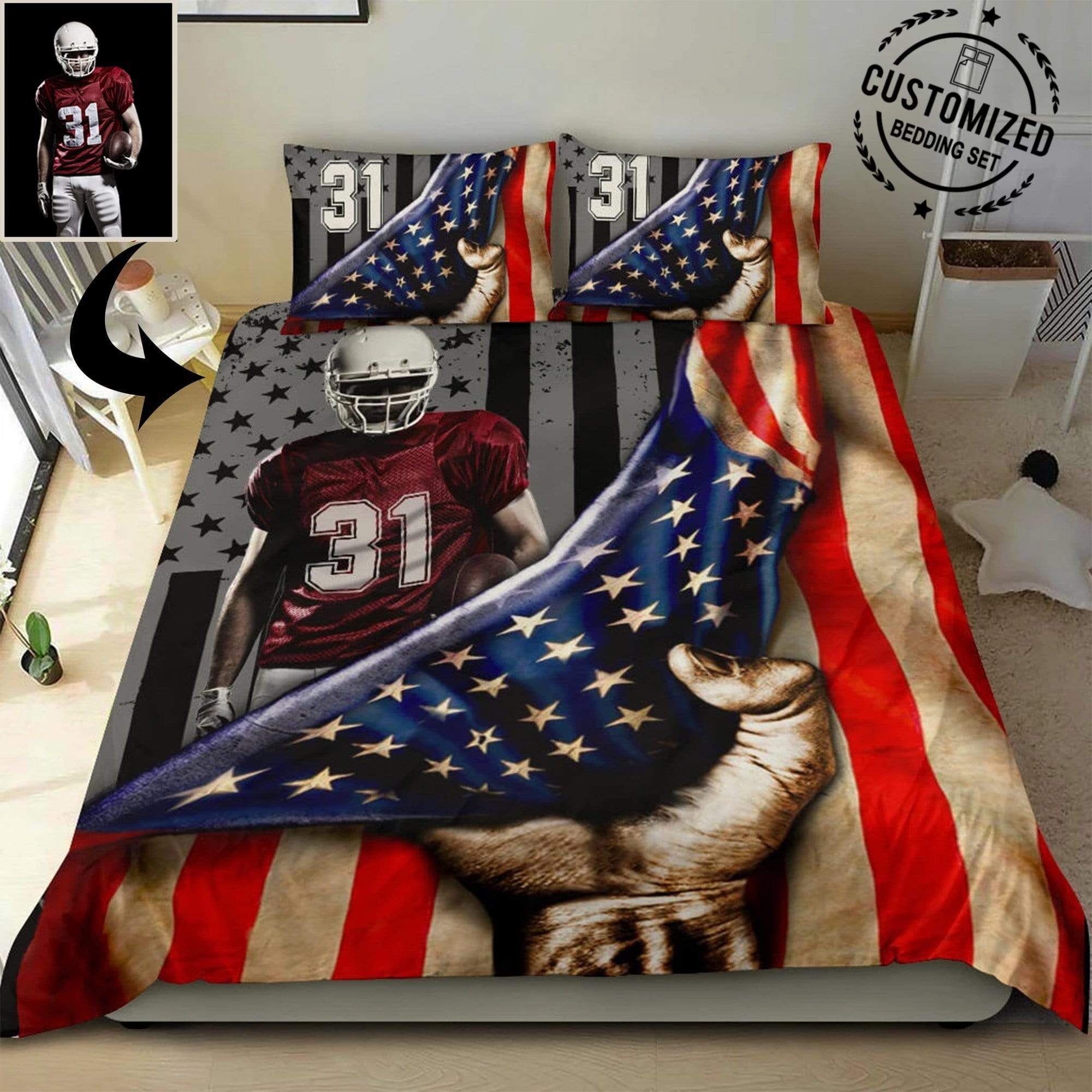 Personalized American Football Player Under Flag Custom Duvet Cover Bedding Set With Your Number & Image