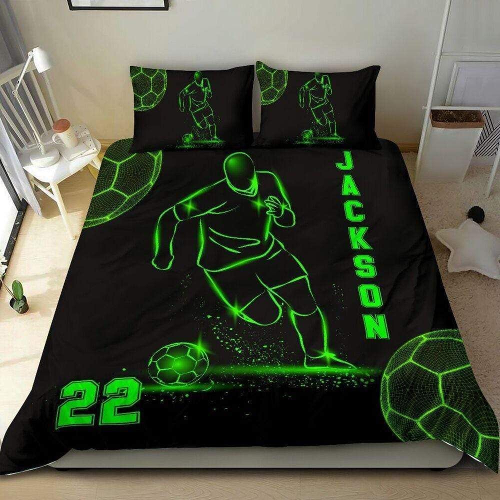 Personalized Soccer Custom Duvet Cover Bedding Set Neon With Your Name