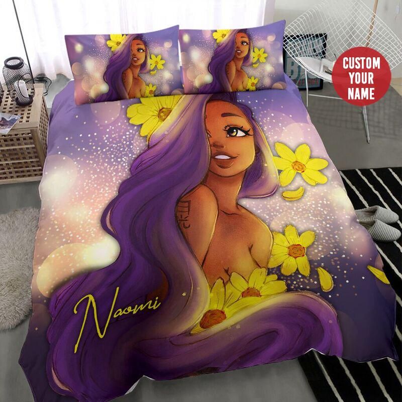 Personalized African Girl Purple Long Hair Flower Custom Name Duvet Cover Bedding Set