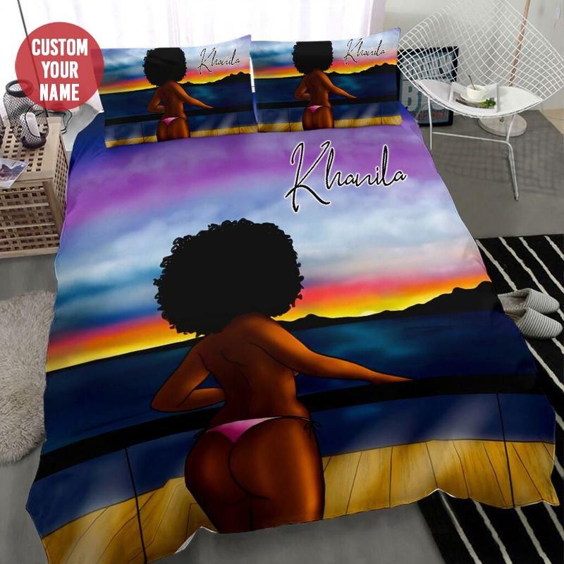 Personalized Chilling Sassy Afro Black Girl Custom Name Duvet Cover Bedding Set