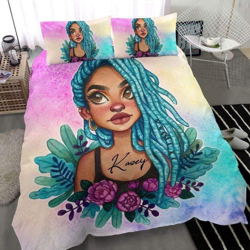 Personalized Black And Boujee Black Girl Green Hair So Cool Custom Name Duvet Cover Bedding Set