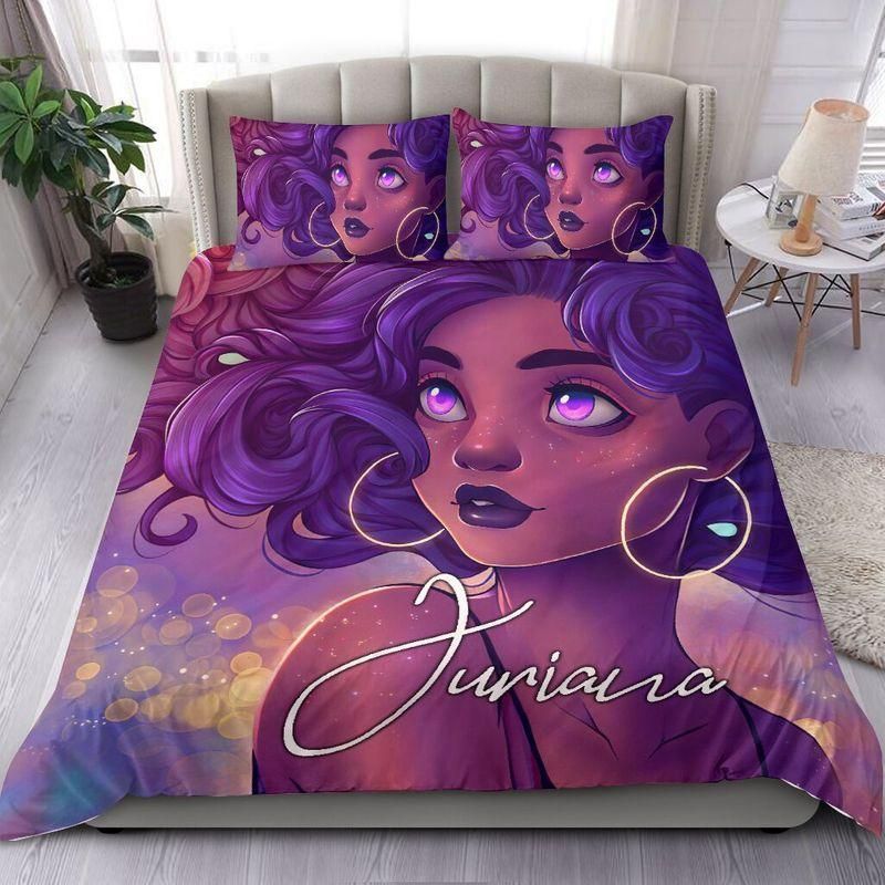 Personalized Black Girl With Purple Hair African Custom Name Duvet Cover Bedding Set