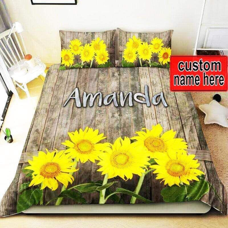 Personalized Sunflower Garden On Wood Background Duvet Cover Bedding Set With Name