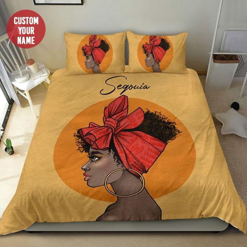 Personalized Black Woman Red Ribbon Custom Name Duvet Cover Bedding Set