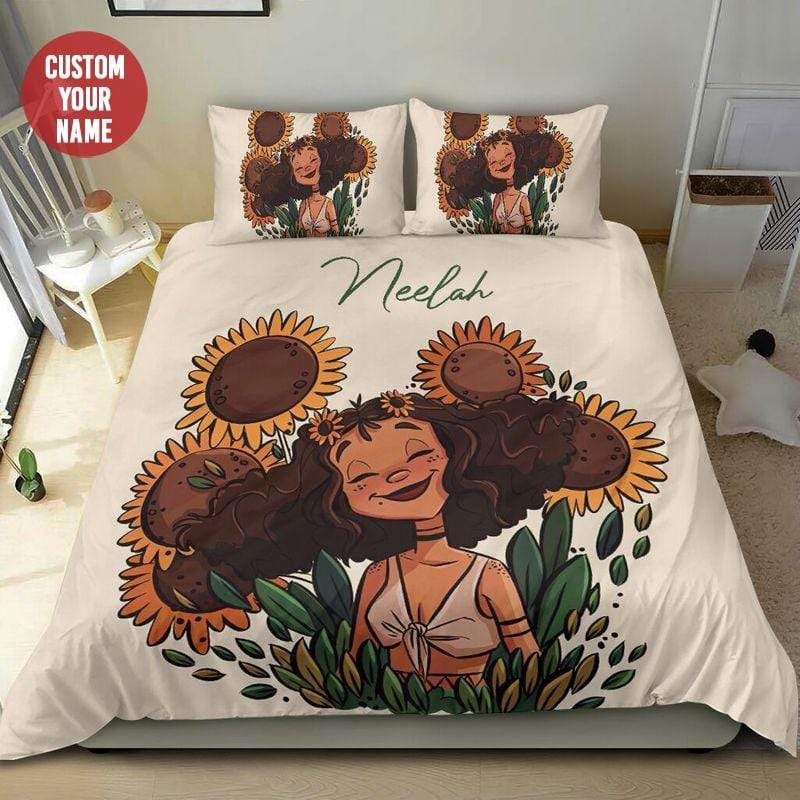 Personalized Black Girl Sunflower Vintage Custom Name Duvet Cover Bedding Set