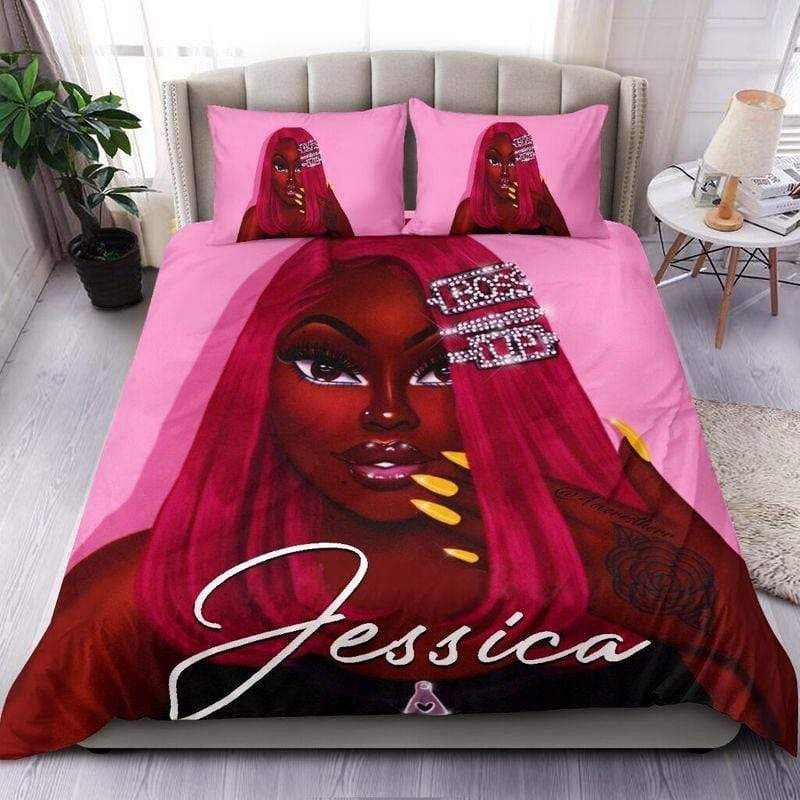 Personalized Black Girl Boss Up Pink Custom Name Duvet Cover Bedding Set