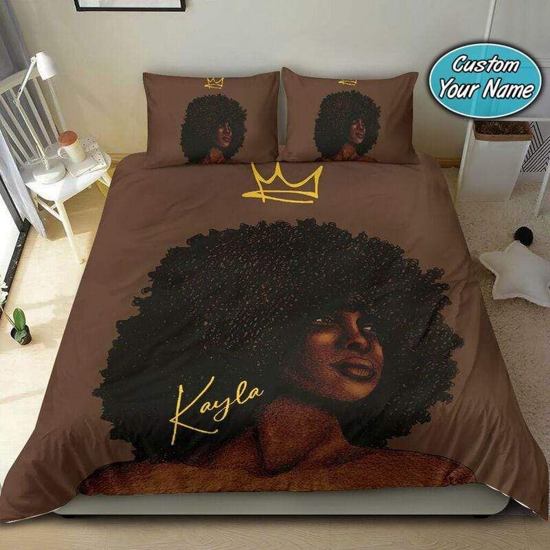 Personalized Afro Natural Hair Queen Black Girl Custom Name Duvet Cover Bedding Set