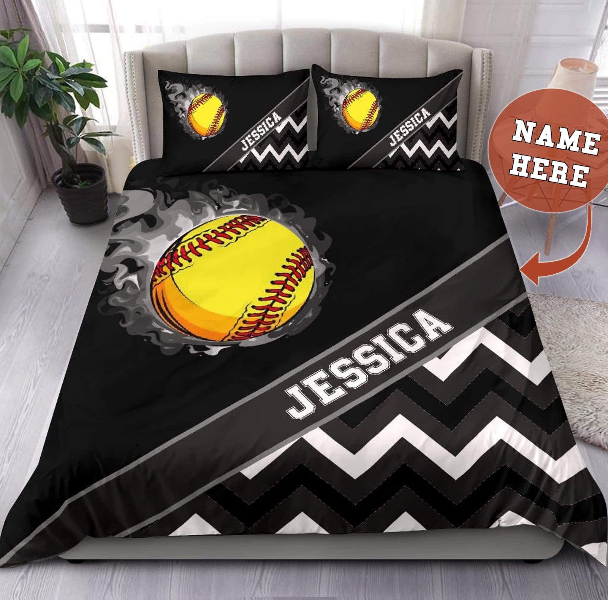 Personalized Customized Duvet Cover Softball Zikzak Black Bedding Set With Your Name