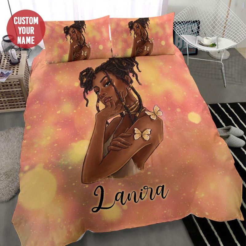 Personalized Butterfly Black Girl Braid Custom Duvet Cover Bedding Set With Your Name