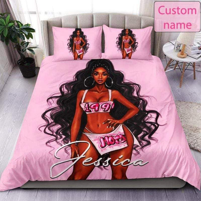 Personalized Black Girl Pink Beautiful Custom Name Duvet Cover Bedding Set
