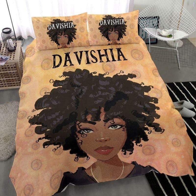 Personalized Black Girl Big Afro Duvet Cover Bedding Set With Your Name