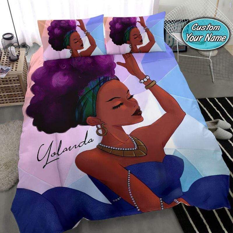 Personalized Pretty Black Girl Purple Afro Custom Name Duvet Cover Bedding Set