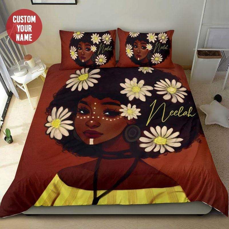 Personalized Black Girl Flower In Hair Custom Name Duvet Cover Bedding Set