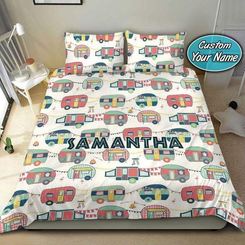 Personalized Camping Bus Pattern Duvet Cover Bedding Set With Your Name