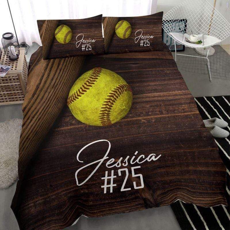 Personalized Vintage Wooden Softball Custom Name Duvet Cover Bedding Set