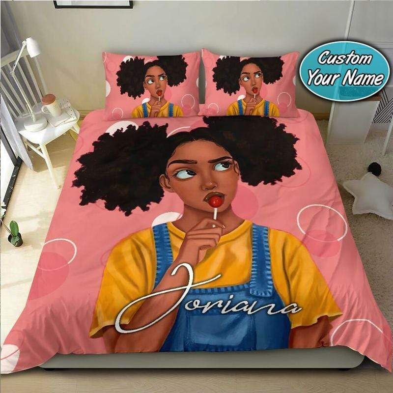 Personalized Cute Black Girl Eat Candy African Custom Name Duvet Cover Bedding Set