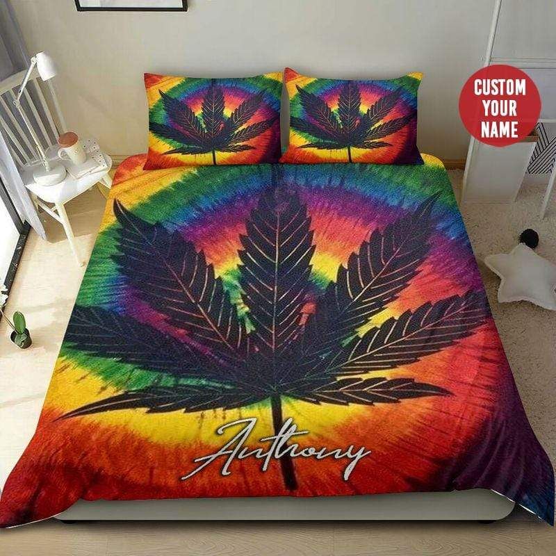 Personalized Rainbow Tie Dye Weed Duvet Cover Bedding Set With Your Name