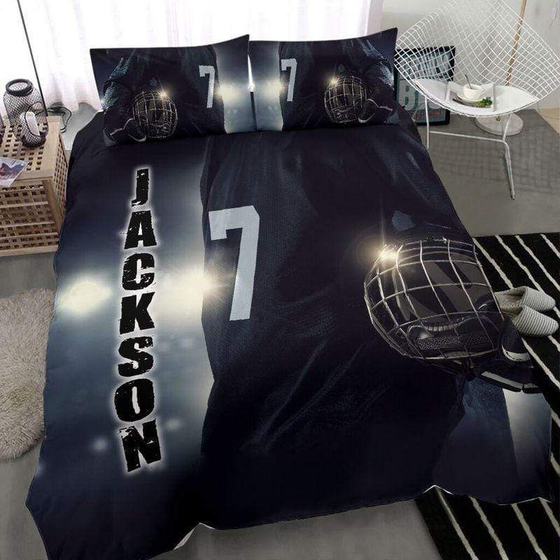 Personalized Black Hockey Player With Helmet Custom Duvet Cover Bedding Set With Your Name