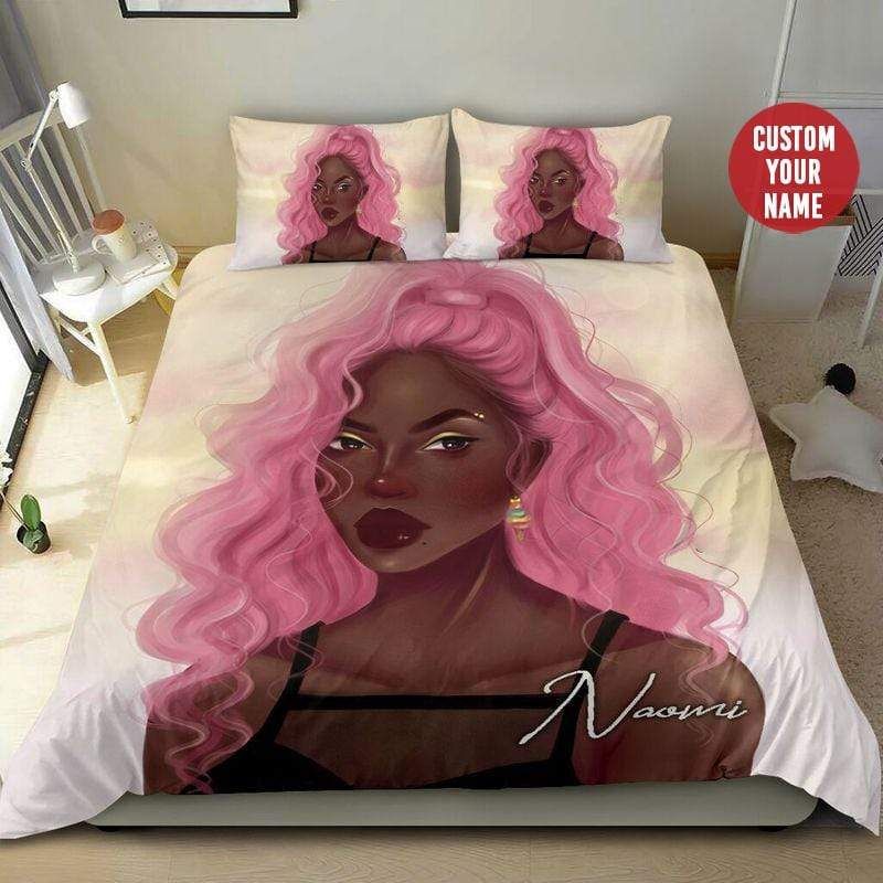 Personalized Black Girl Pink Long Hair Custom Name Duvet Cover Bedding Set
