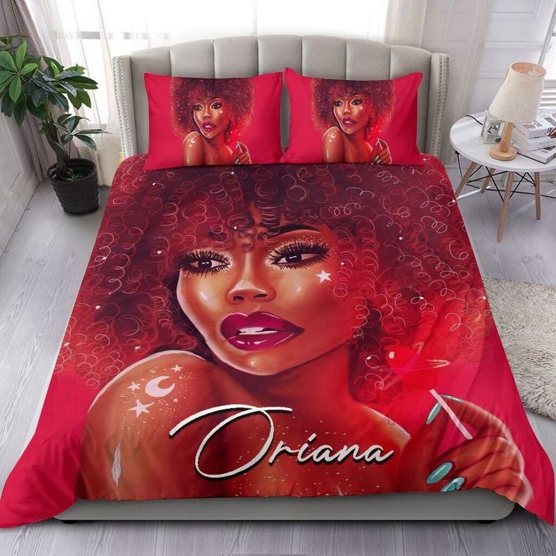 Personalized Black Girl Beautiful Hair Red Cartoon Pink Custom Name Duvet Cover Bedding Set