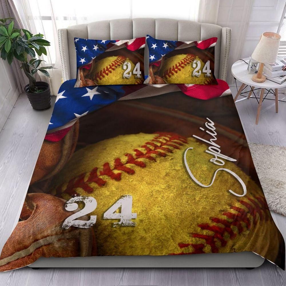 Personalized Softball American Flag Custom Duvet Cover Bedding Set With Your Name