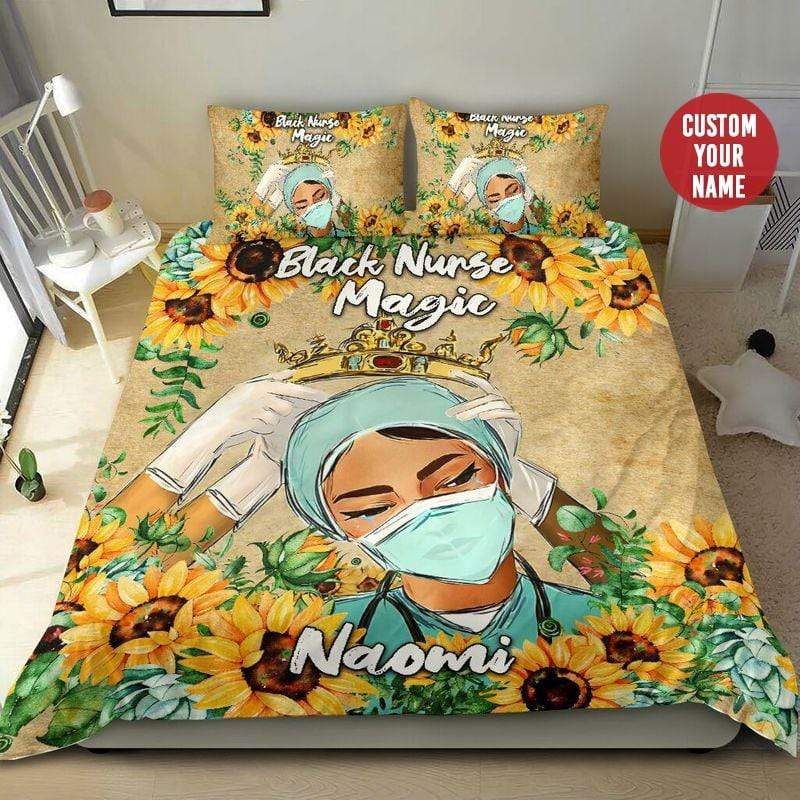Personalized Black Nurse Magic Sunflower Custom Name Duvet Cover Bedding Set