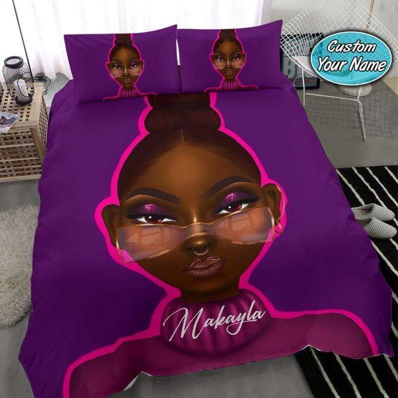 Personalized Purple Bad And Boujee Black Girl High Puff Custom Name Duvet Cover Bedding Set