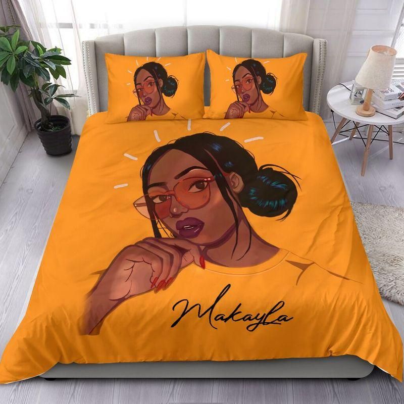 Personalized Orange Black Girl Wear Glasses Bedding Custom Name Duvet Cover Bedding Set