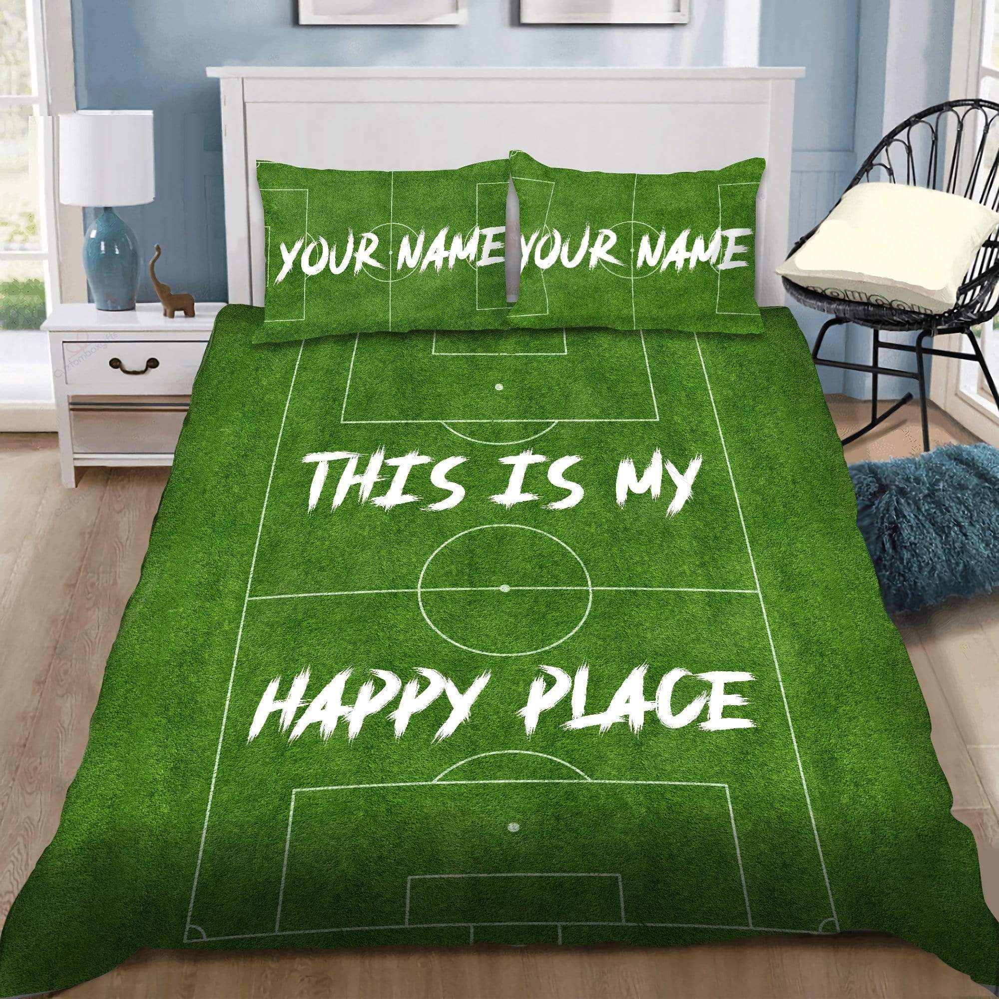 Personalized This Is My Happy Place Soccer Field Green Custom Name Duvet Cover Bedding Set