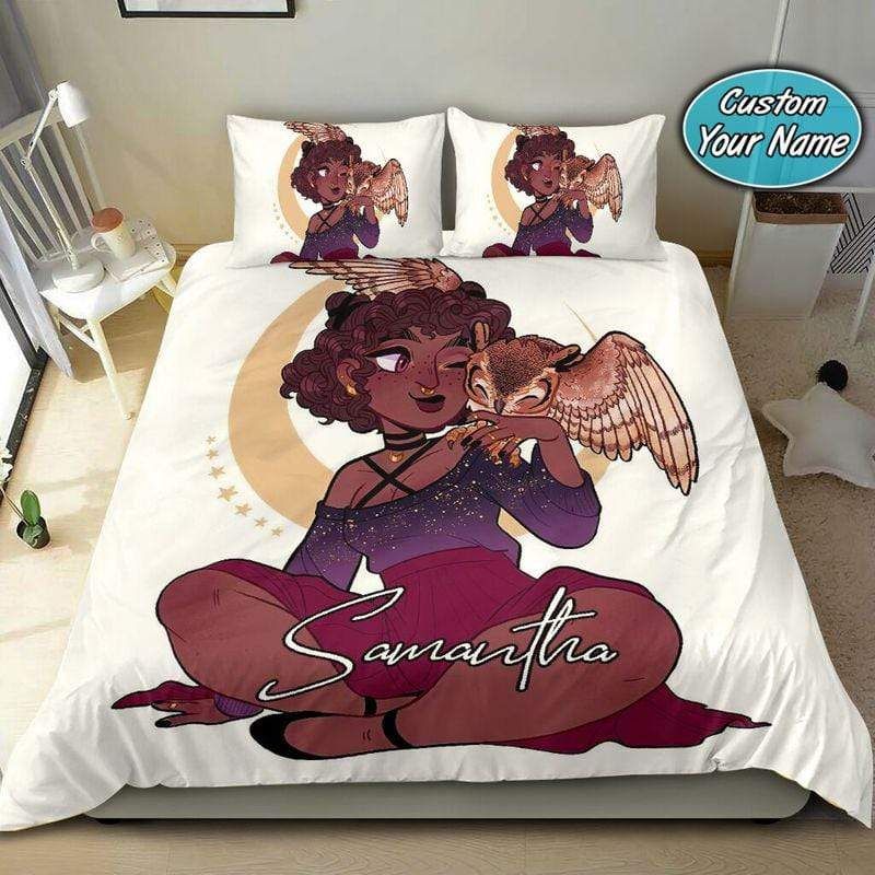 Personalized Black Girl With Owl Custom Name Duvet Cover Bedding Set