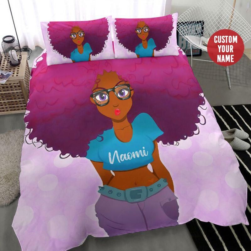Personalized Pink Big Afro Black Woman Custom Name Duvet Cover Bedding Set