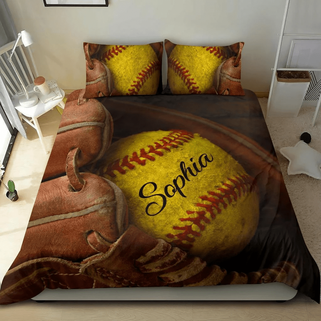 Personalized Softball Custom Duvet Cover Bedding Set Glove 2 With Your Name